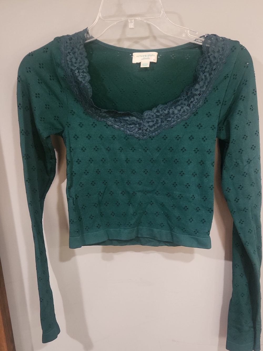 Altar'd State Deep Teal Eyelet Lace-Trim Long Sleeve Top